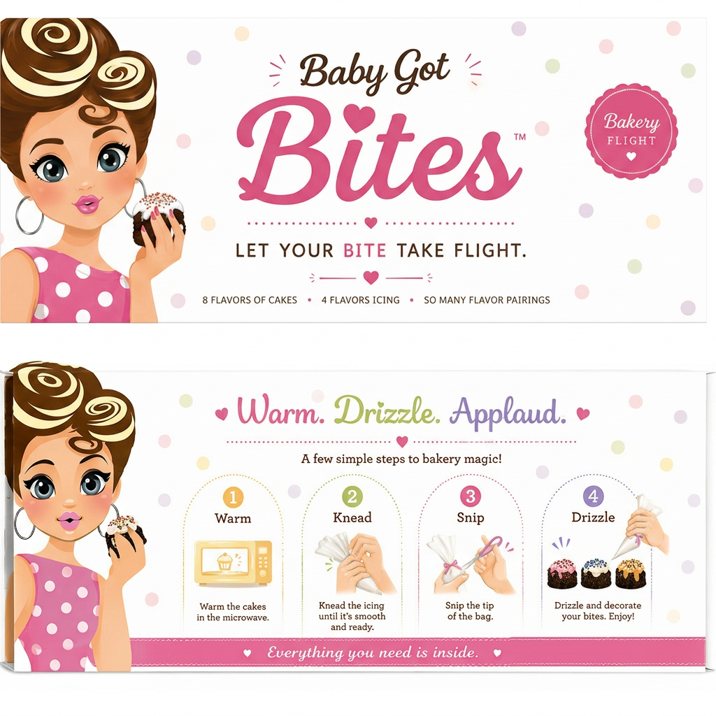 Baby Got Bites — Let your bite take flight. Warm. Drizzle. Applaud. Four simple steps to bakery magic.