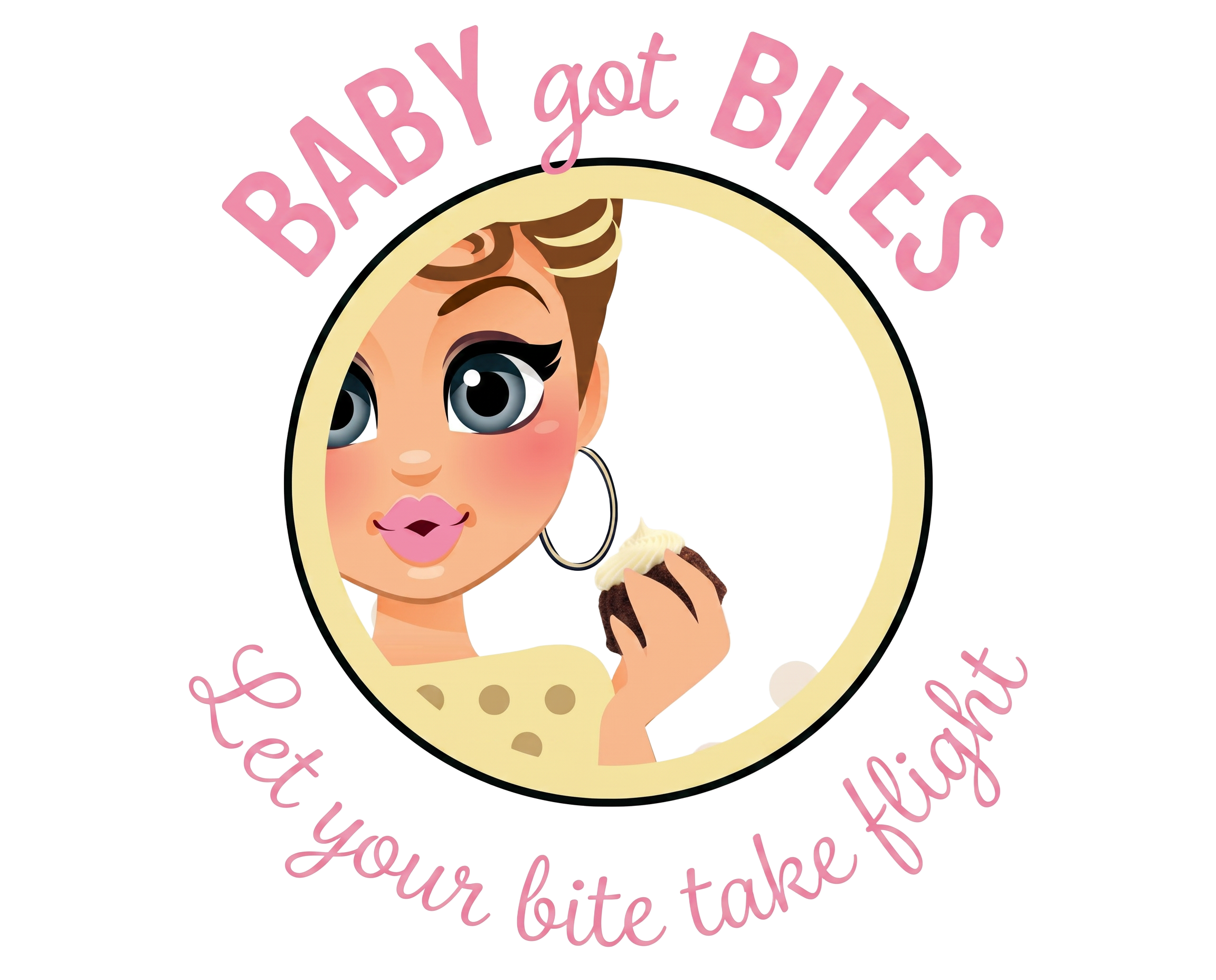 Baby Got Bites circular logo with illustrated pin-up girl holding a chocolate cake bite