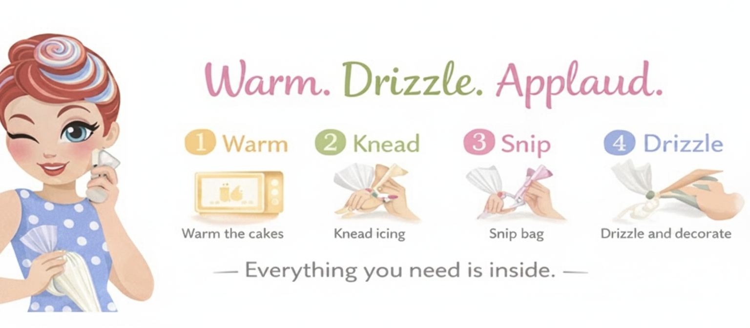 Warm. Drizzle. Applaud. — the four-step ritual: warm the cakes, knead icing, snip bag, drizzle and decorate